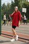 Red Oversized Double-Sleeve Long T-Shirt with Side Slits | Cotton Basic Crew Neck Single Jersey Fabric