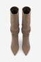 Women's Pointed Toe, Ruched, Thick Heel, Zipperless Casual Boots in Dark Taupe Color Suede - 7