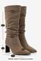 Women's Pointed Toe, Ruched, Thick Heel, Zipperless Casual Boots in Dark Taupe Color Suede - 8