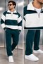 Men's 3-Ply Brushed Inside Corduroy Half-Zip Polo Collar Striped Straight Leg Top and Bottom Set