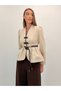 Avelina Belted Blazer with Belt Detail and Contrast Trims, Paired with Pants—Cream and Dark Brown Suit - 4