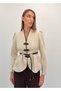 Avelina Belted Blazer with Belt Detail and Contrast Trims, Paired with Pants—Cream and Dark Brown Suit - 7