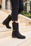 Black Suede Women's Western Zip-Up Boots with Fleece-Lined Insulation, Stylish Ankle Accessory Detail, and Heels 322234 - 2