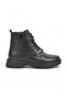 Black Leather Lace-Up Zip-Up Women's Casual Boots with Fleece-Lined Insulation 351102