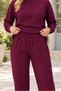 Women's Round-Neck, Long-Sleeve, Drop-Shoulder, Woven-Detail, Slit-and-Pocket, Stylish Casual Burgundy Sweatshirt and Pants Set - 2