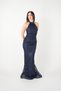 Lace Fabric Stone Detailed Halter Neck Evening Dress - Dark Blue