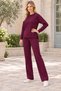 Women's Round-Neck, Long-Sleeve, Drop-Shoulder, Woven-Detail, Slit-and-Pocket, Stylish Casual Burgundy Sweatshirt and Pants Set