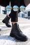 Black Leather Lace-Up Zip-Up Women's Casual Boots with Fleece-Lined Insulation 351102 - 2