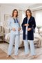 New Season Blue Lace-Detailed, Easy-Breastfeeding Design, Long-Sleeved Postpartum and Maternity Velvet Robe Pajama Set - 6