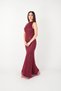 Full Beaded Fabric Halter Neck Evening Dress - Bordo - 2