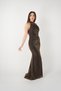 Stoned Jacquard Fabric Halter Neck Evening Dress - Brown - 2