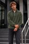 Men's Zip-Up Mock Neck Khaki Fleece Sweatshirt - 5