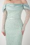 Full Beaded Fabric Satin Degaje Collar Pencil Dress - Mint Green - 3