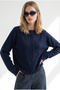 Women's Navy Blue Crew Neck Button-Front Knit Cardigan HRK-19000528 - 5