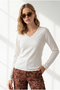 Women's White V-Neck Soft-Textured Knit Sweater KZK-19001206 - 3