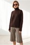 Women's Brown Boat Neck Knit Sweater with Corded Fabric Collar Detail KZK-19001202
