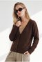 Women's Brown Deep V-Neck Cardigan with Button Details and Brushed Inside Trim HRK-19000529 - 2