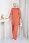 Women's Modest Tunic, Cold-Spun Yarn, Checked Pattern, Crew Neck, Long Sleeves, Slit, Terracotta Color - 2