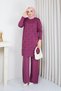 Women's Modest Tunic, Cold-Spun Yarn, Checked Pattern, Crew Neck, Long Sleeves, Slit, Plum - 3