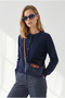 Women's Navy Blue Crew Neck Button-Front Knit Cardigan HRK-19000528 - 3