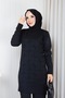 Women's Modest Tunic, Cold-Spun Yarn, Square Pattern, Crew Neck, Long Sleeves, Slit, Black - 5