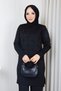 Women's Modest Tunic, Cold-Spun Yarn, Square Pattern, Crew Neck, Long Sleeves, Slit, Black - 4