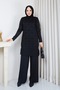 Women's Modest Tunic, Cold-Spun Yarn, Square Pattern, Crew Neck, Long Sleeves, Slit, Black