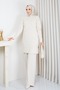 Women's Modest Tunic, Cold-Spun Yarn, Square Pattern, Crew Neck, Long Sleeves, Slit, Ecru - 2