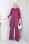 Women's Plum-Colored Knit Modest Tunic with Wavy Floral Print and Slit, Made with Cold-Spun Yarn