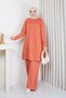 Women's Terracotta Color Ribbed Knit Modest Tunic with Wave and Floral Print, Slit, and Cool Yarn - 2