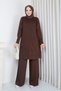 Women's Brown Knit Modest Tunic with Wavy Floral Print and Slit, Made with Cold-Spun Yarn