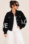 New Season Women's Knit-Sleeve "LOVE" Letter-Detail Button-Front Denim Jacket