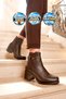 Women's Buckle Detail Coffee-Colored Genuine Leather Heeled Boots 92157-1 - 2