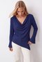 Women's navy blue open-neck asymmetrical cut knit blouse alc-x16037
