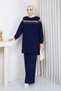 Women's Navy Blue Knit Modest Tunic with Glittery Striped Detail and a Crew Neck and Slit