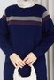 Women's Navy Blue Knit Modest Tunic with Glittery Striped Detail and a Crew Neck and Slit - 5