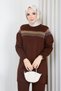 Women's Brown Knit Modest Tunic with Cold-Weave Glittery Striped Detail, Sequin Trim, Crew Neck, and Slit - 3