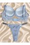 Women's blue lace, embellished, underwire, padded, push-up bra set, lingerie set. - 2