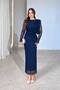 Women's Crew Neck Navy Blue Draped Tulle Detail Long Evening Gown - 3