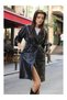 Black Women's Faux Leather Belted Trench Coat 1034 - 3