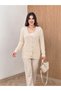 Women's Angora Cream-Colored Stylish Knit Cardigan with Pearl and Stone Embellishments and Buttoned V-Neck NK550 - 3
