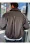 Coffee-Colored Bomber Leather Jacket with Button Details DF-3398/3343 - 5