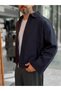 Navy Blue Oversized Jacket with Zipper and Lined Construction KNT- - 3