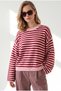 Women's Pink and Red Crew Neck Striped Sweater with Wide Sleeves KZK-19001201