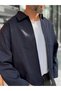 Navy Blue Oversized Jacket with Zipper and Lined Construction KNT- - 5