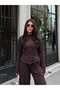 Women's Burgundy-Buttoned Brioche Knit Top and Bottom Set - 2