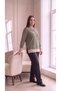 Women's Plus Size Green and Beige Striped Long-Sleeved Basic Cotton Long Sweatshirt - 4