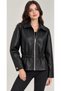 Women's Black-Lined Faux Leather Jacket with Elastic Waistband, Zipper, and Shirt Collar