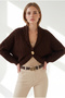 Women's Brown Bolero Cardigan with Ruffed Collar and Gold Buttons HRK-19000537