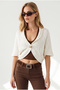 Women's Ecru Bolero Cardigan with Ruffed Collar and Gold Buttons HRK-19000537